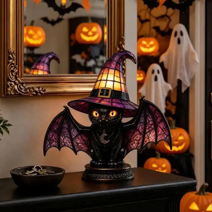 Dark academia bat cat witch hat night light with mirror reflection and Halloween ghosts backdrop