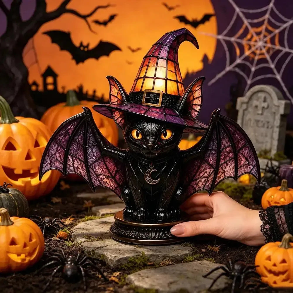 Dark academia bat cat witch hat night light in graveyard scene with pumpkins and spider webs