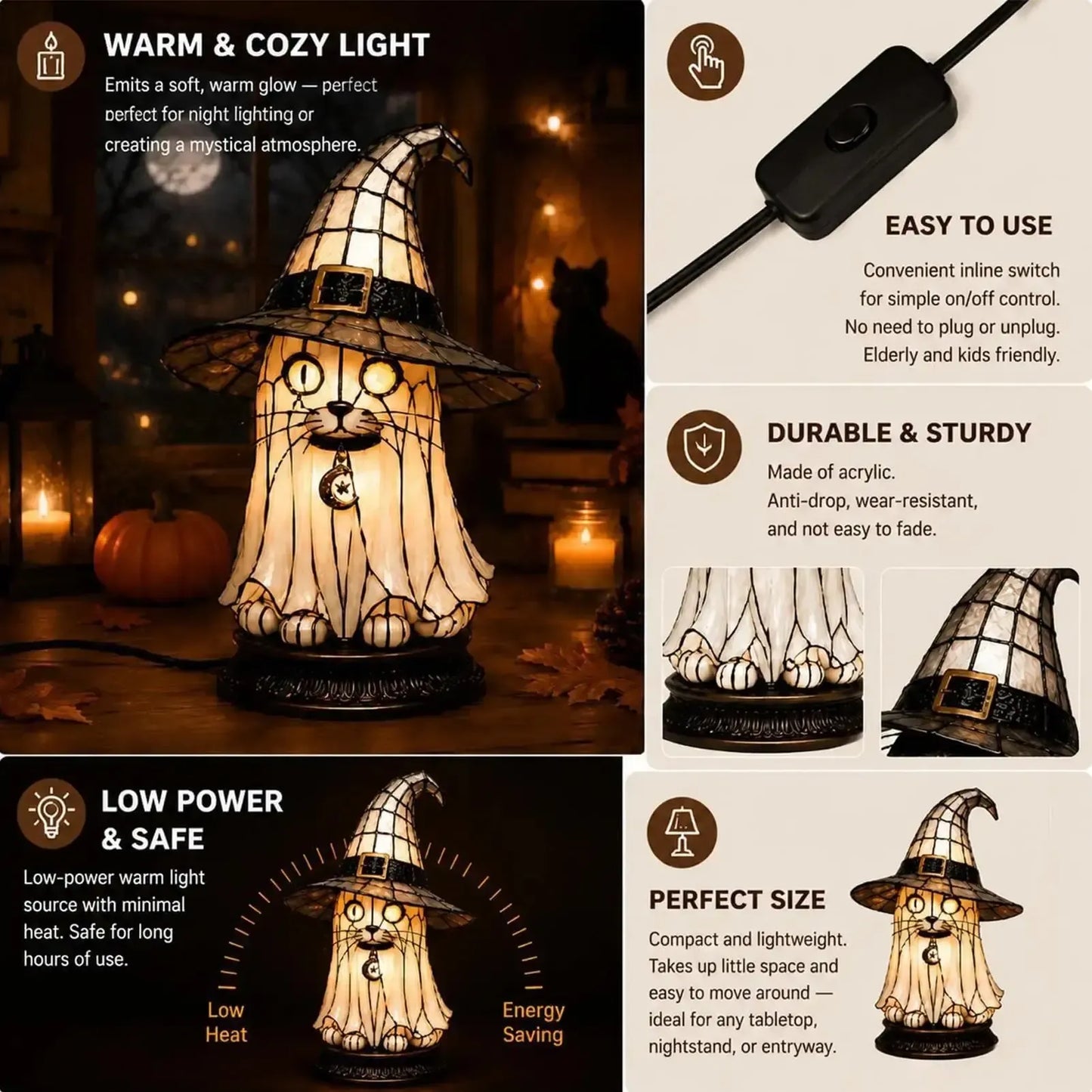 Dark academia witch hat night light features infographic - warm light easy use durable safe