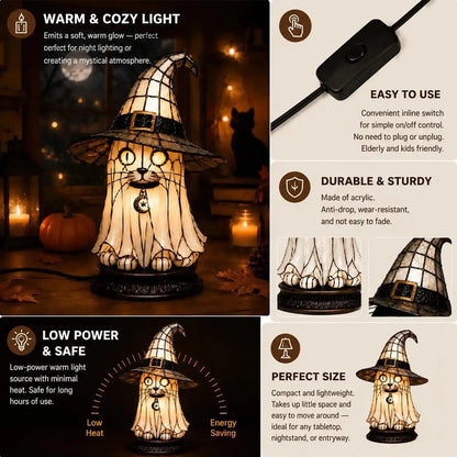 Dark academia witch hat night light features infographic - warm light easy use durable safe