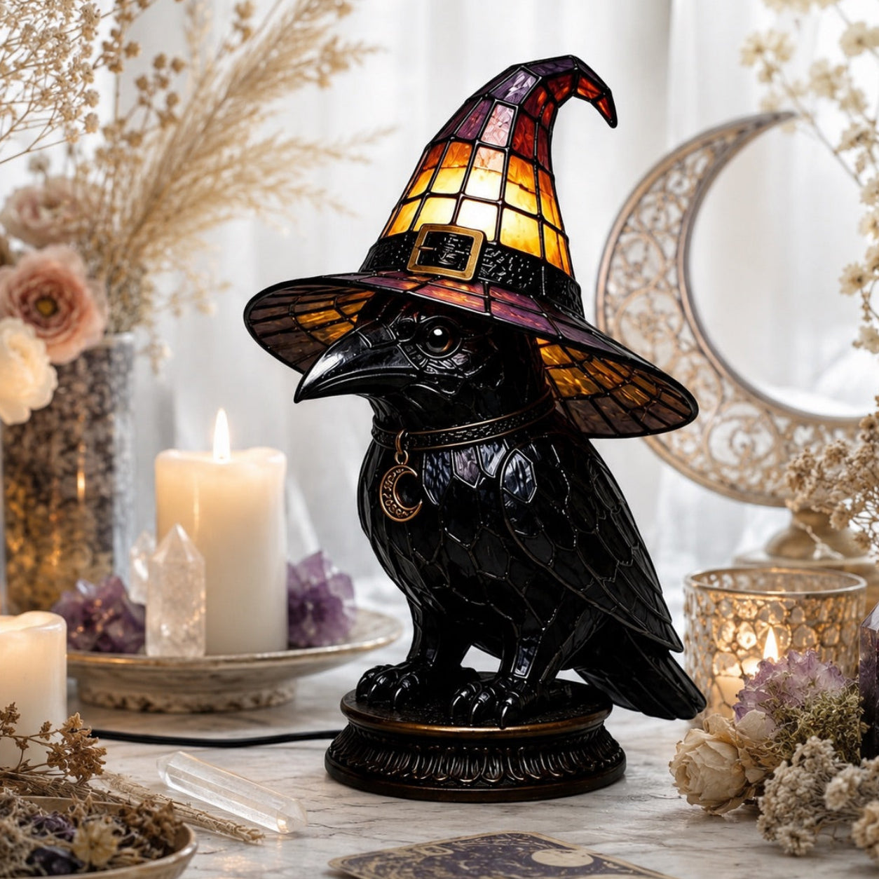 Dark academia raven witch hat night light near crescent moon mirror and candles