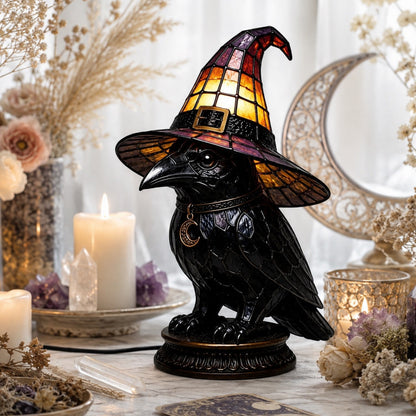 Dark academia raven witch hat night light near crescent moon mirror and candles