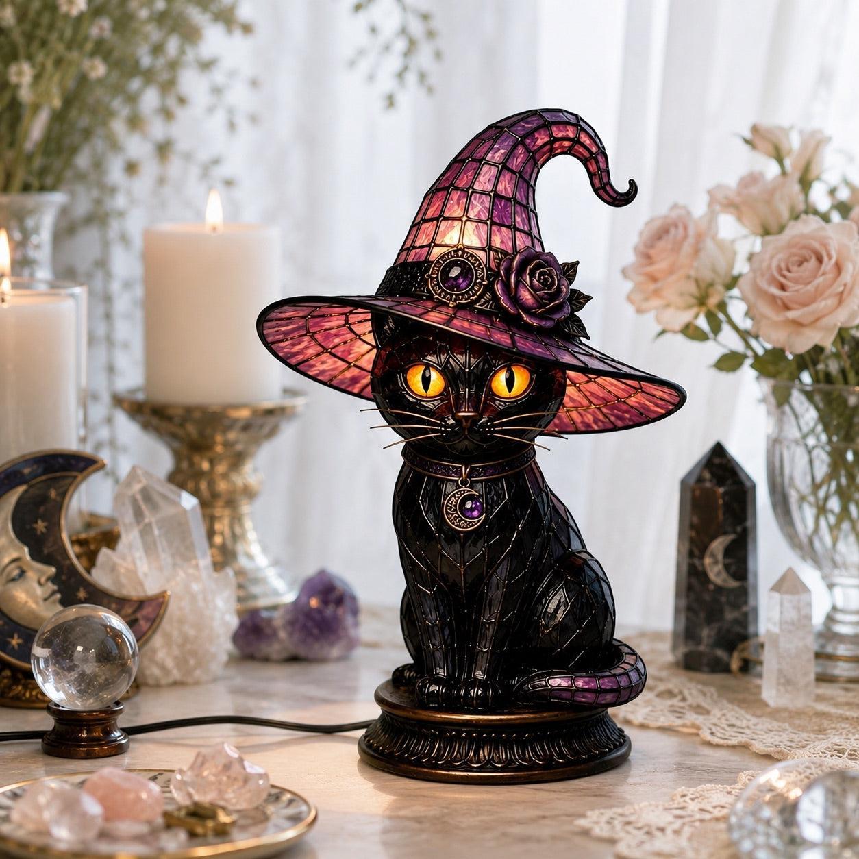 Dark academia black cat witch hat night light near roses and crystal decor