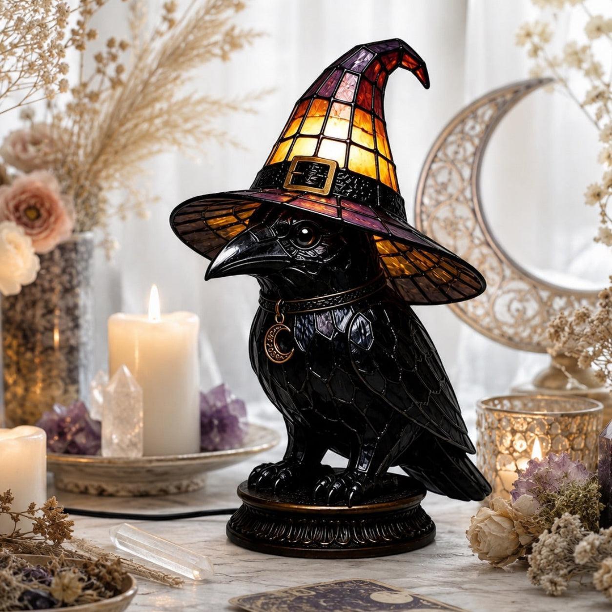 Dark academia raven witch hat night light near crescent moon mirror and candles