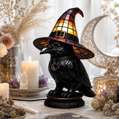 Dark academia raven witch hat night light near crescent moon mirror and candles