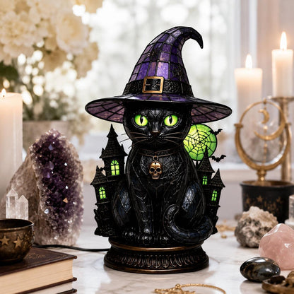Dark academia haunted house black cat witch hat night light with green glowing windows