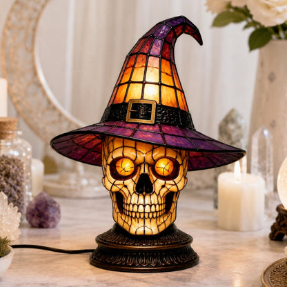 Dark academia skull witch hat night light in elegant bedroom setting with mirror