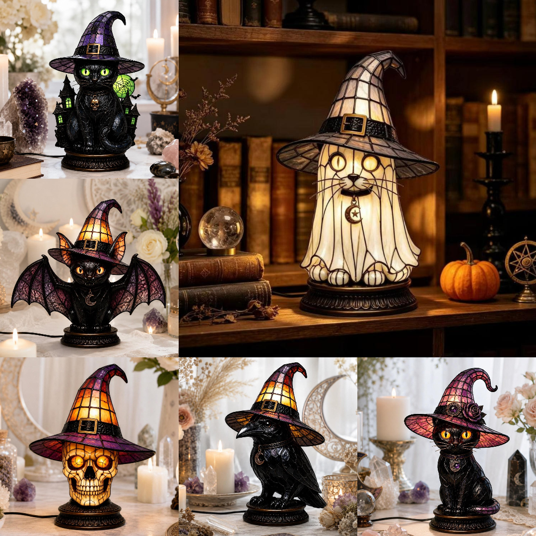 A collage showing multiple Halloween-themed cat lamps in different poses and materials, including a witch hat, bat, skull, moon, and black cat designs, lit with warm candlelight in cozy indoor settings.