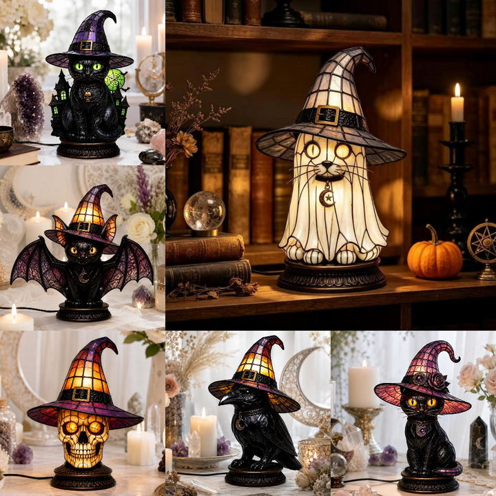A collage showing multiple Halloween-themed cat lamps in different poses and materials, including a witch hat, bat, skull, moon, and black cat designs, lit with warm candlelight in cozy indoor settings.