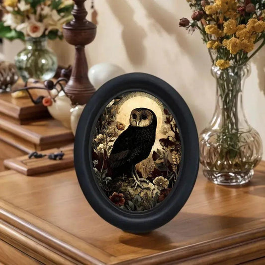 Dark Academia Style Floral Owl Wall Decoration Gothic Owl Black Oval Frame Witch Home Decoration-MoonChildWorld