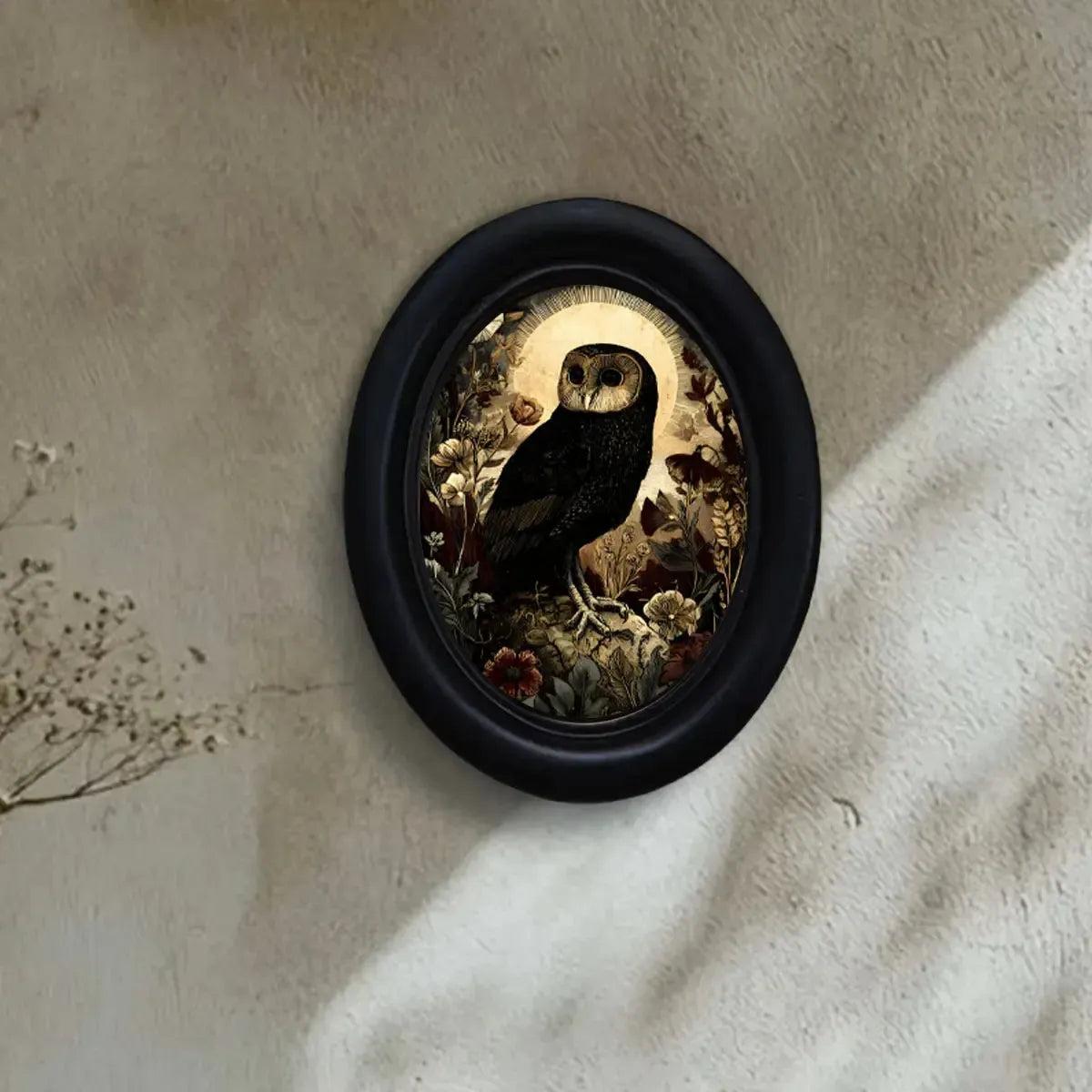 Dark Academia Style Floral Owl Wall Decoration Gothic Owl Black Oval Frame Witch Home Decoration-MoonChildWorld