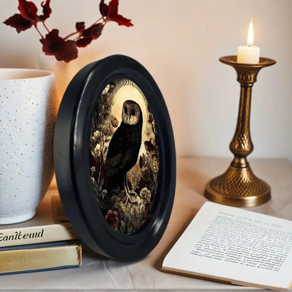 Dark Academia Style Floral Owl Wall Decoration Gothic Owl Black Oval Frame Witch Home Decoration-MoonChildWorld
