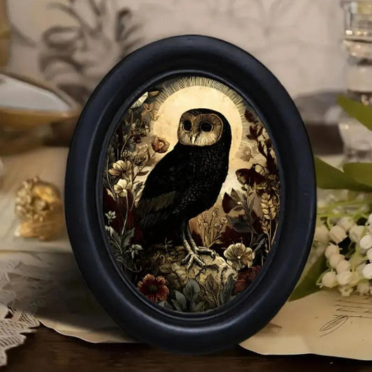 Dark Academia Style Floral Owl Wall Decoration Gothic Owl Black Oval Frame Witch Home Decoration-MoonChildWorld