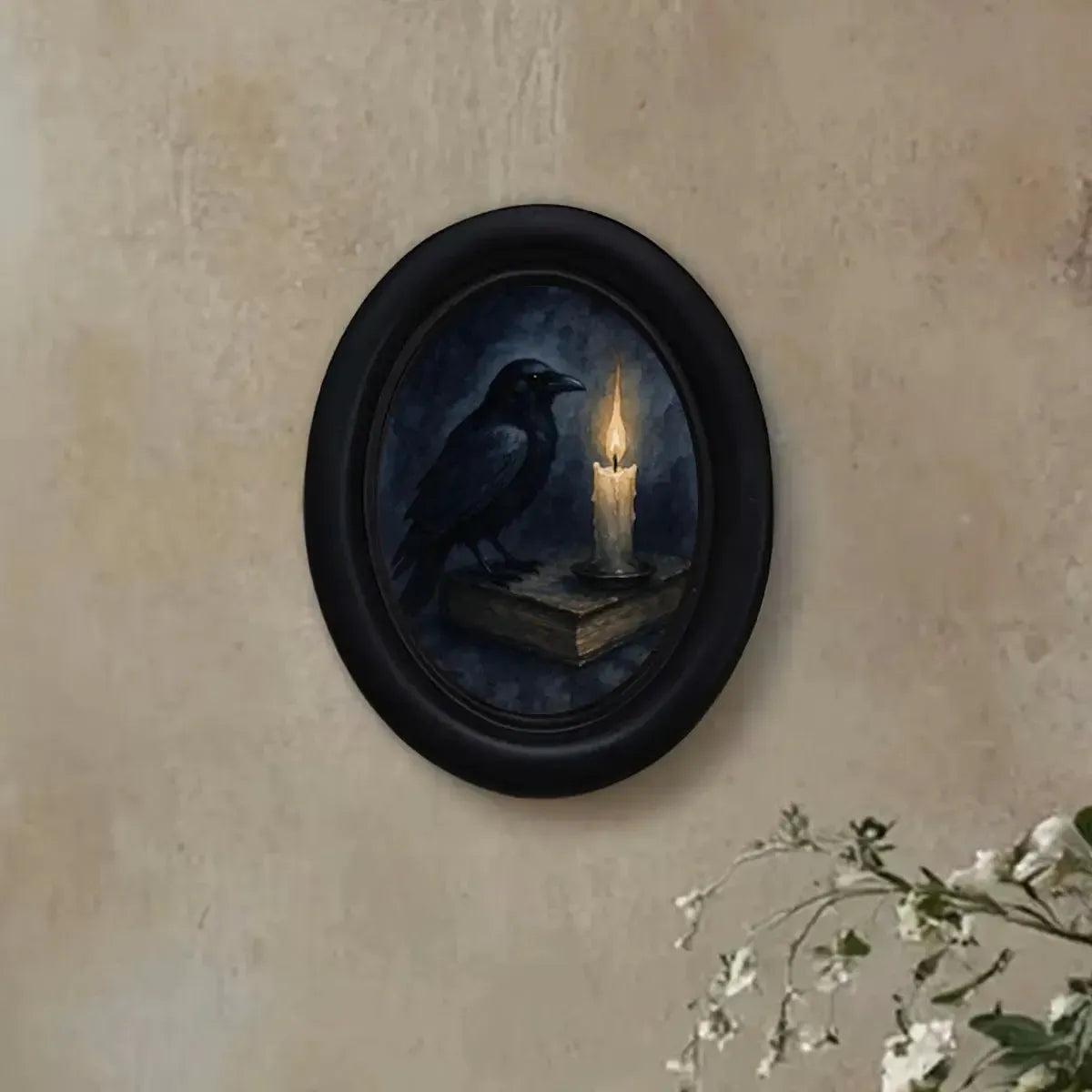 Dark Academia Style Gothic Crow Wall Decoration Witchy Raven Black Oval Frame Halloween Decor-MoonChildWorld