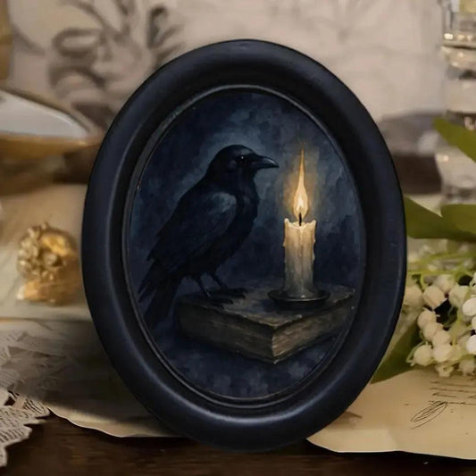 Dark Academia Style Gothic Crow Wall Decoration Witchy Raven Black Oval Frame Halloween Decor-MoonChildWorld