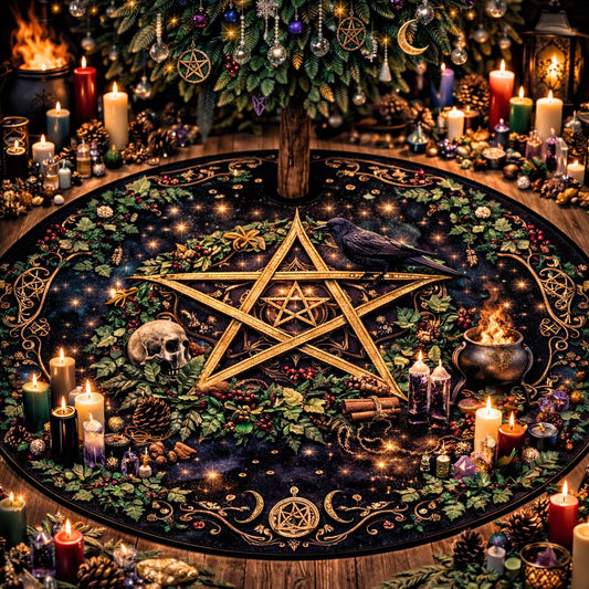 Dark Celtic pentagram raven Yule tree skirt with skull, candles, and celestial details.