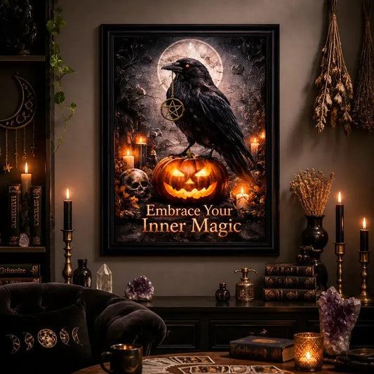 Dark Crow Black Framed Art Print - Halloween Gothic Raven Canvas Wall Art for Witch Home Decor_mockup_1.webp