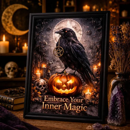 Dark Crow Black Framed Art Print - Halloween Gothic Raven Canvas Wall Art for Witch Home Decor_mockup_3.webp