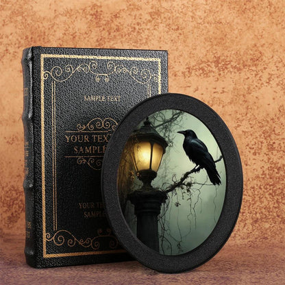 Dark Crow Retro Witch Wall Art - Black Raven Gothic Wooden Oval Frame Halloween Wall Decoration-MoonChildWorld