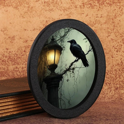 Dark Crow Retro Witch Wall Art - Black Raven Gothic Wooden Oval Frame Halloween Wall Decoration-MoonChildWorld