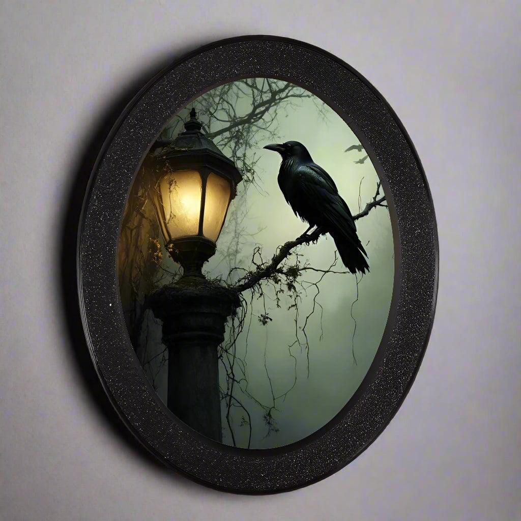 Dark Crow Retro Witch Wall Art - Black Raven Gothic Wooden Oval Frame Halloween Wall Decoration-MoonChildWorld
