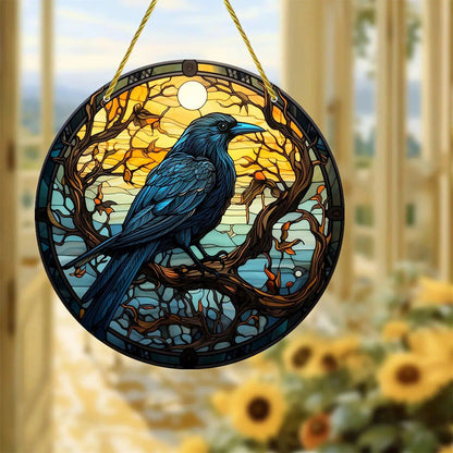 Dark Crow Suncatcher Raven Witch Acrylic Round Sign-MoonChildWorld