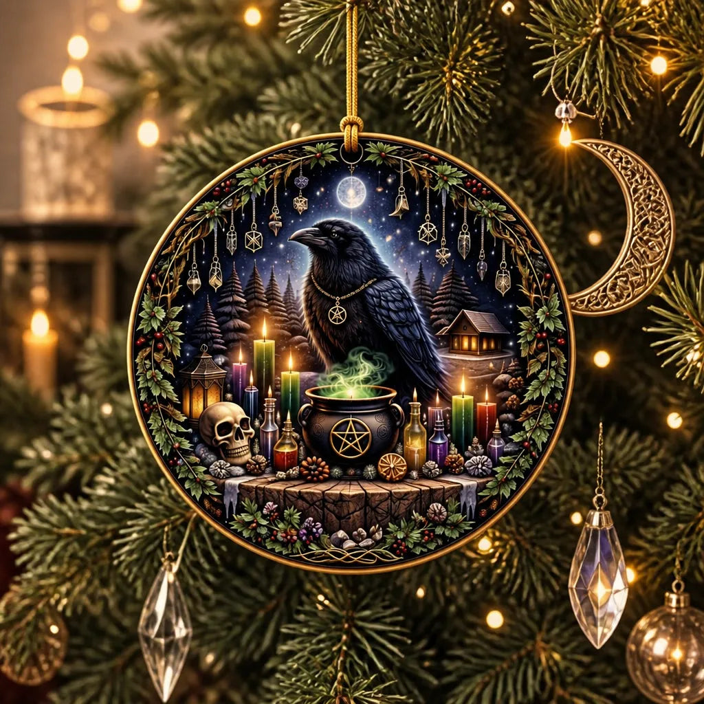 Dark Crow Wicca Yule Ceramic Ornament – Witchy Raven Gothic Christmas Ornament_mockup_1.webp