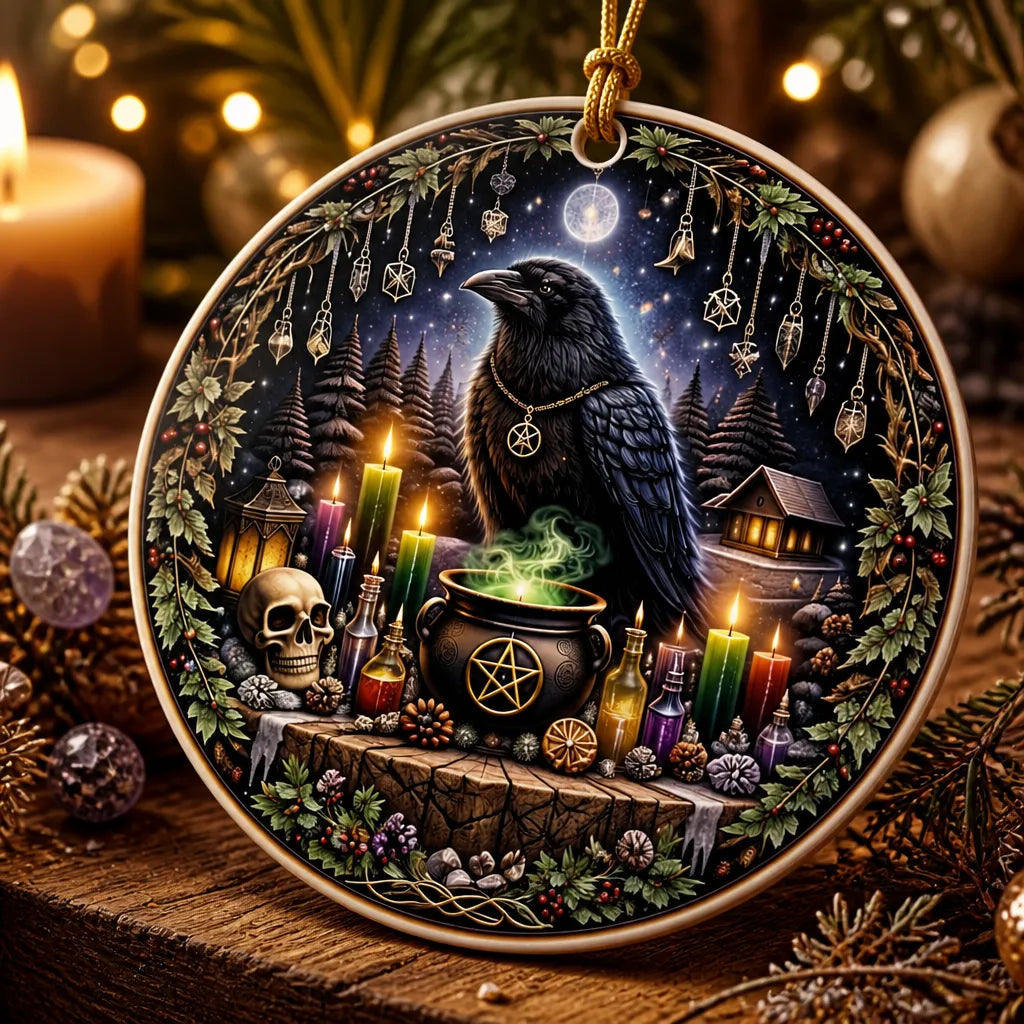 Dark Crow Wicca Yule Ceramic Ornament – Witchy Raven Gothic Christmas Ornament_mockup_2.webp