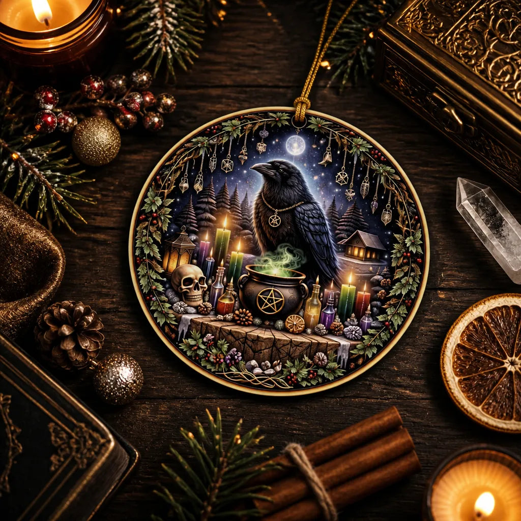 Dark Crow Wicca Yule Ceramic Ornament – Witchy Raven Gothic Christmas Ornament_mockup_3.webp