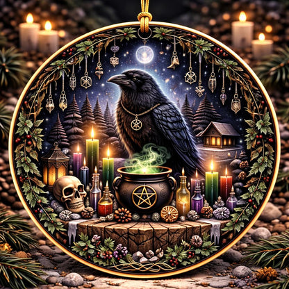 Dark Crow Wicca Yule ceramic ornament with a raven, pentacle cauldron, candles, and skull.