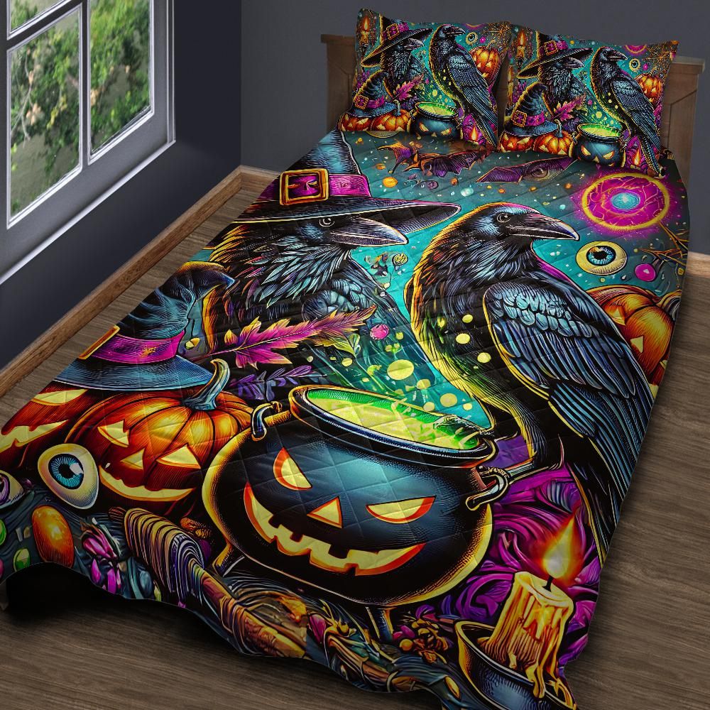 Dark Crow Witchy Raven Halloween Quilt Bedding Set-MoonChildWorld
