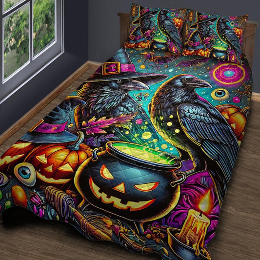 Dark Crow Witchy Raven Halloween Quilt Bedding Set-MoonChildWorld