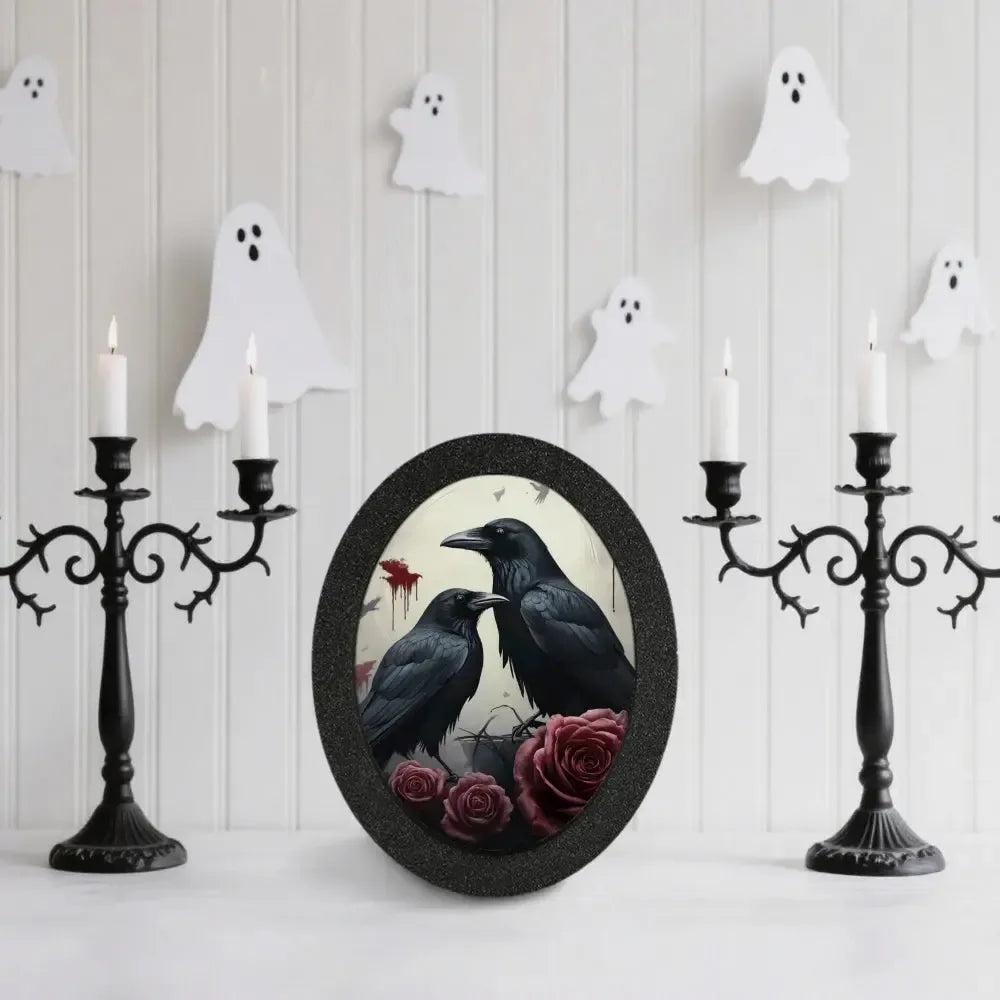 Dark Crows Gothic Wooden Oval Frame - Witchy Ravens Oval Wall Art - Halloween Wall Decoration-MoonChildWorld
