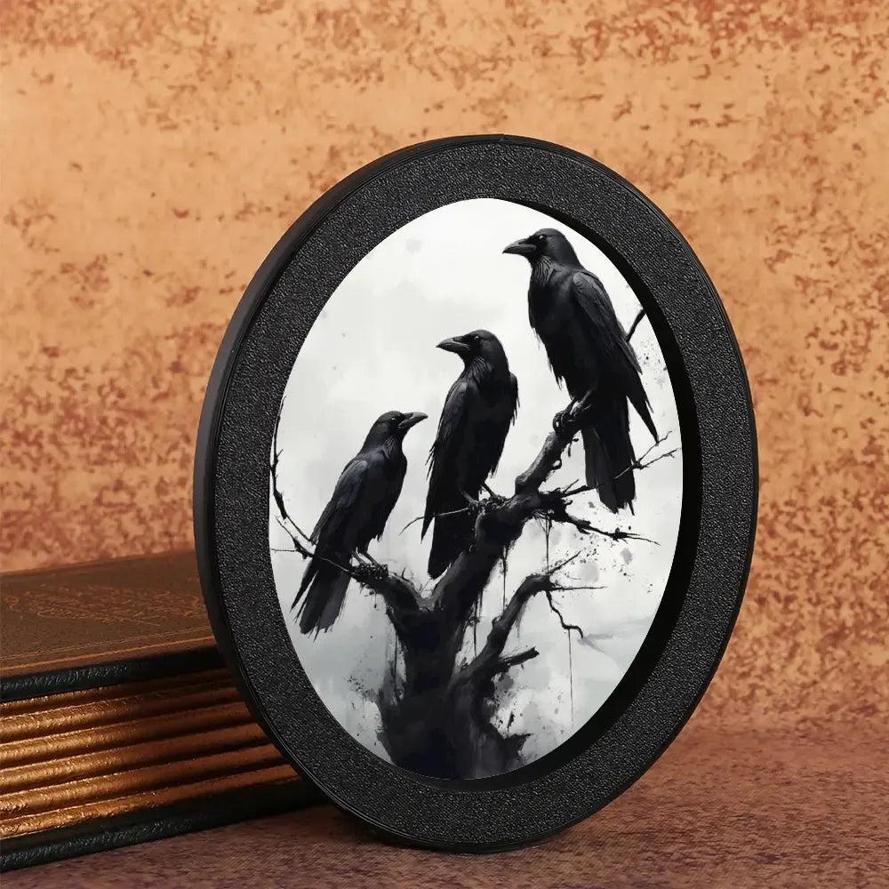 Dark Crows Wall Art - Witchy Black Ravens Gothic Wooden Oval Frame Halloween Wall Decoration-MoonChildWorld