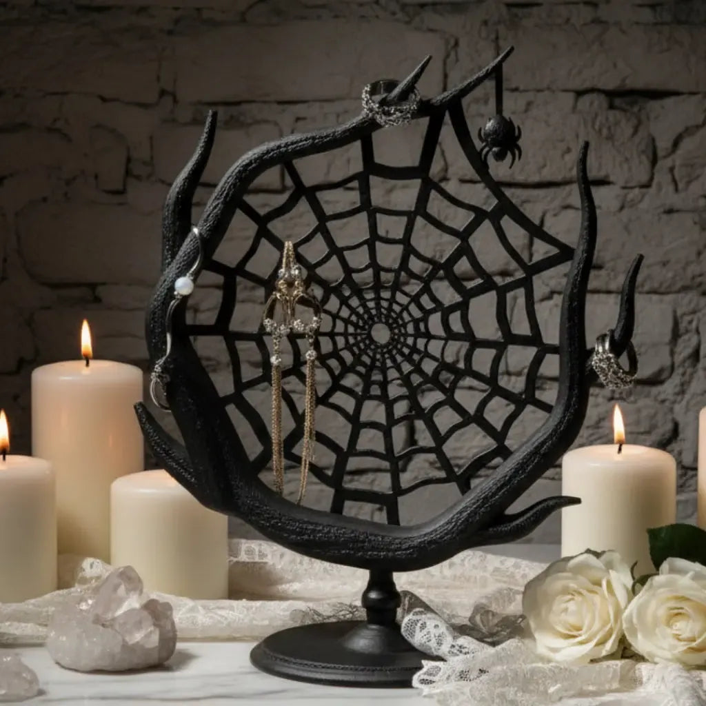 Spider web jewelry stand with earrings and makeup products on a neutral background