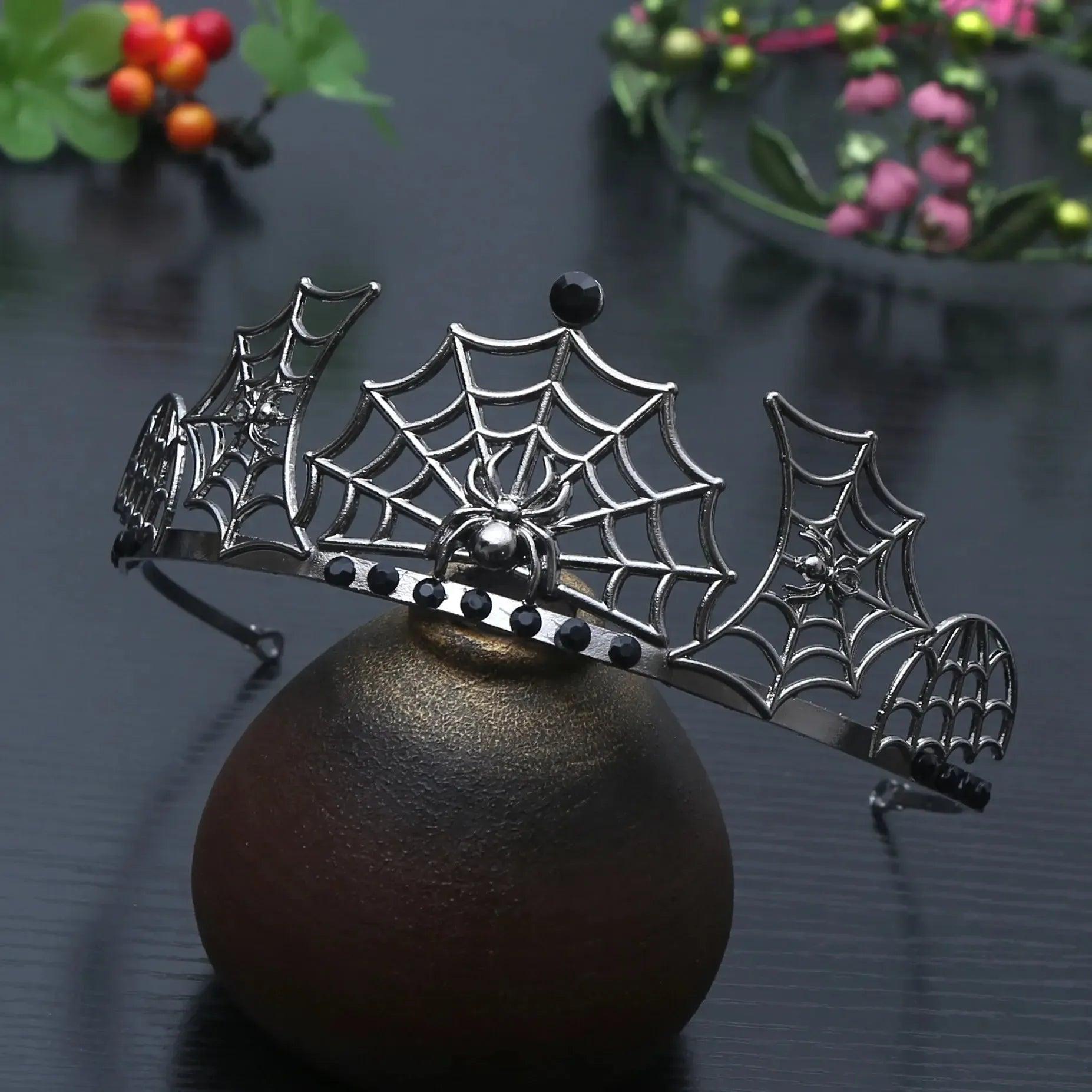 Dark Goddess Gothic Halloween Crown - Black Spider Web Witch Tiaras Hair Accessories Vampire Accessory-MoonChildWorld