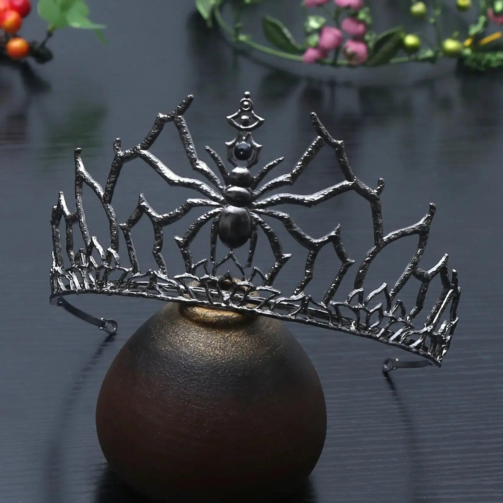 Dark Goddess Gothic Halloween Crown - Black Spider Witch Tiaras Hair Accessories Vampire Accessory-MoonChildWorld