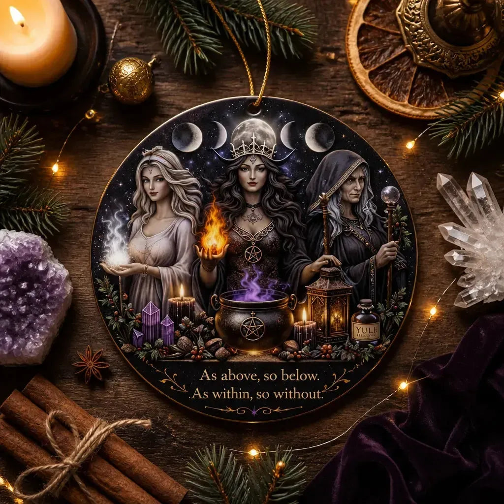 Dark Goddess Hecate Pagan Yule Ceramic Ornament – Witchcraft Christmas Decor_mockup_3.webp