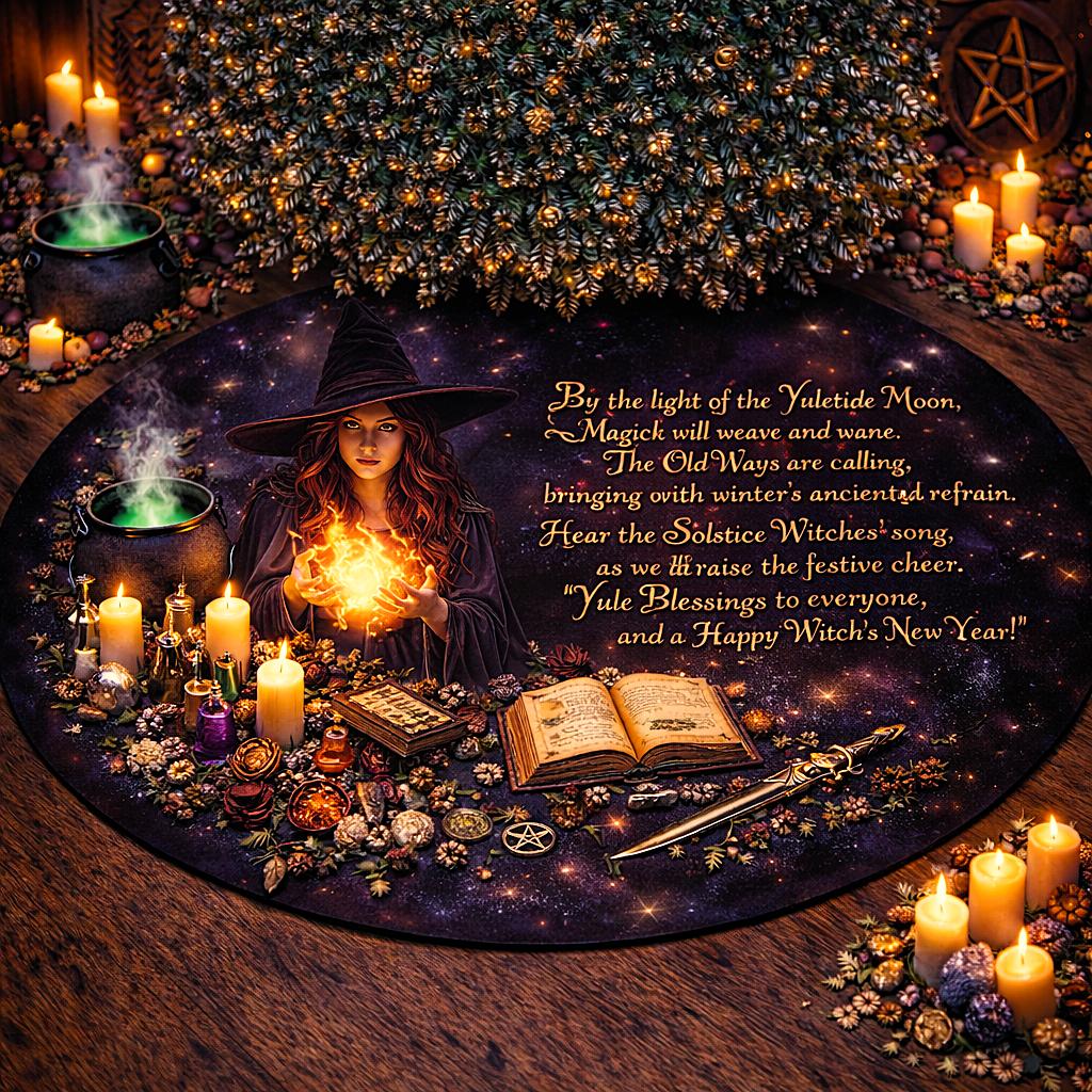 Dark Gothic velvet Yule tree skirt with a witch, glowing orb, spellbooks, and a festive pagan poem.