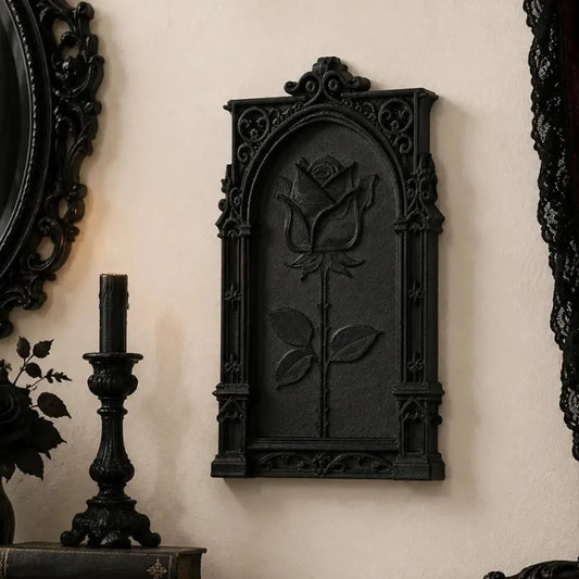 Dark Gothic Rose Relief Wall Decor – matte black 3D floral wall art for witchy gothic home decor