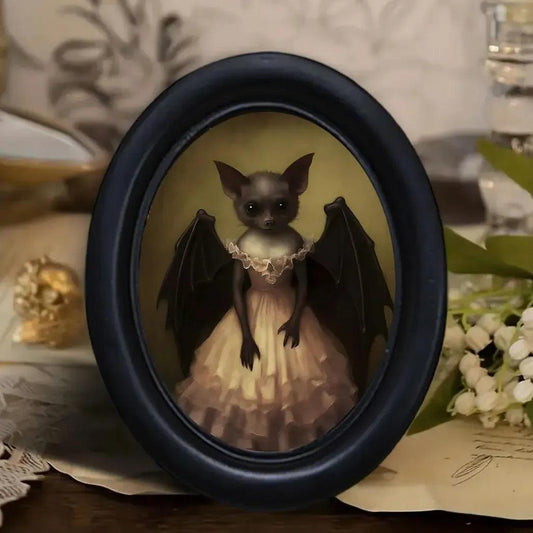 Dark Gothic Style Bat Wall Decoration Halloween Black Oval Frame Wall Ornament Home Decoration-MoonChildWorld
