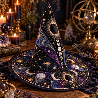 Dark Moon Quilted Witch Hat – Eclipse Moon Phase Occult Wide Brim Hat – styled with candles and crystals
