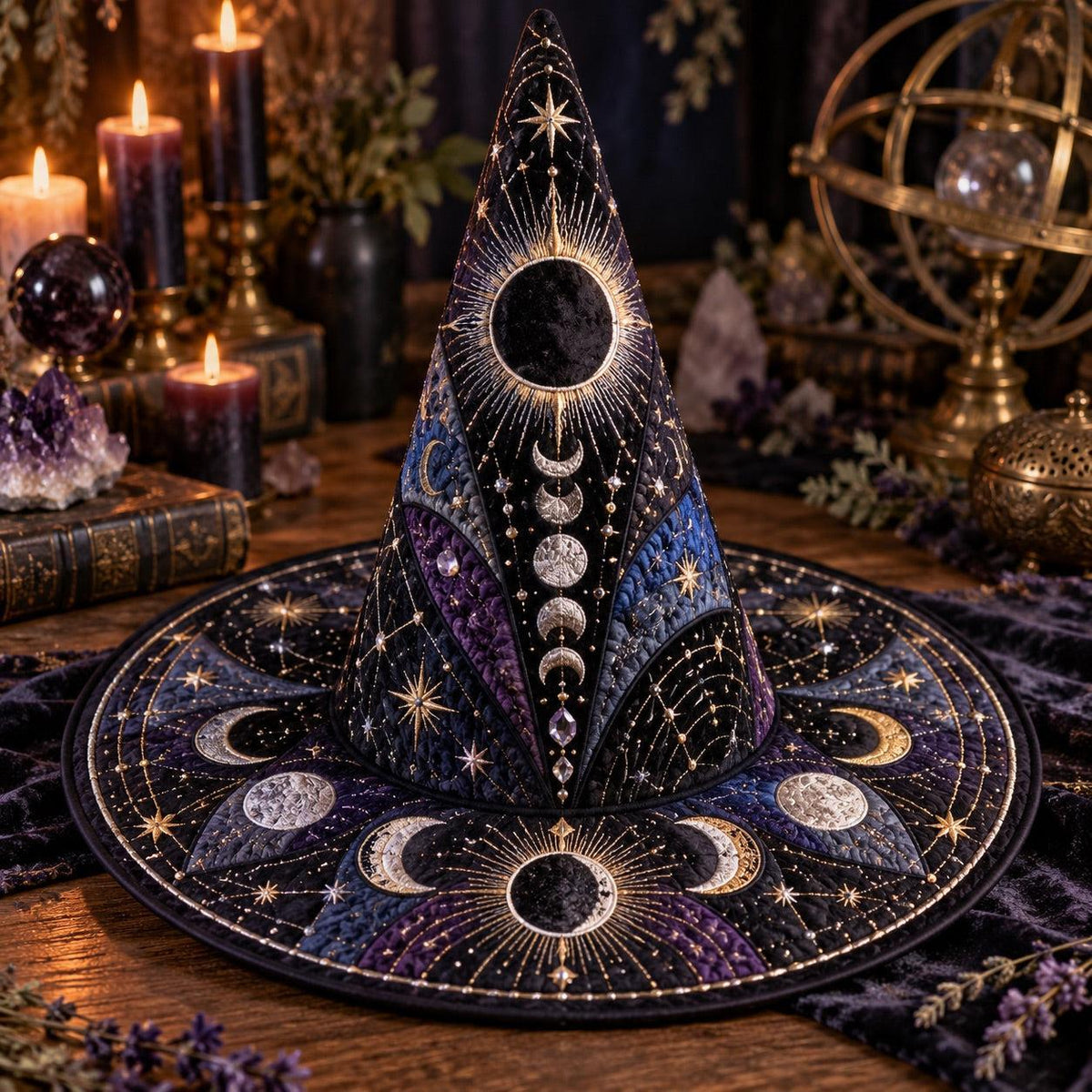 Dark Moon Quilted Witch Hat – Eclipse Moon Phase Occult Wide Brim Hat – styled with candles and crystals