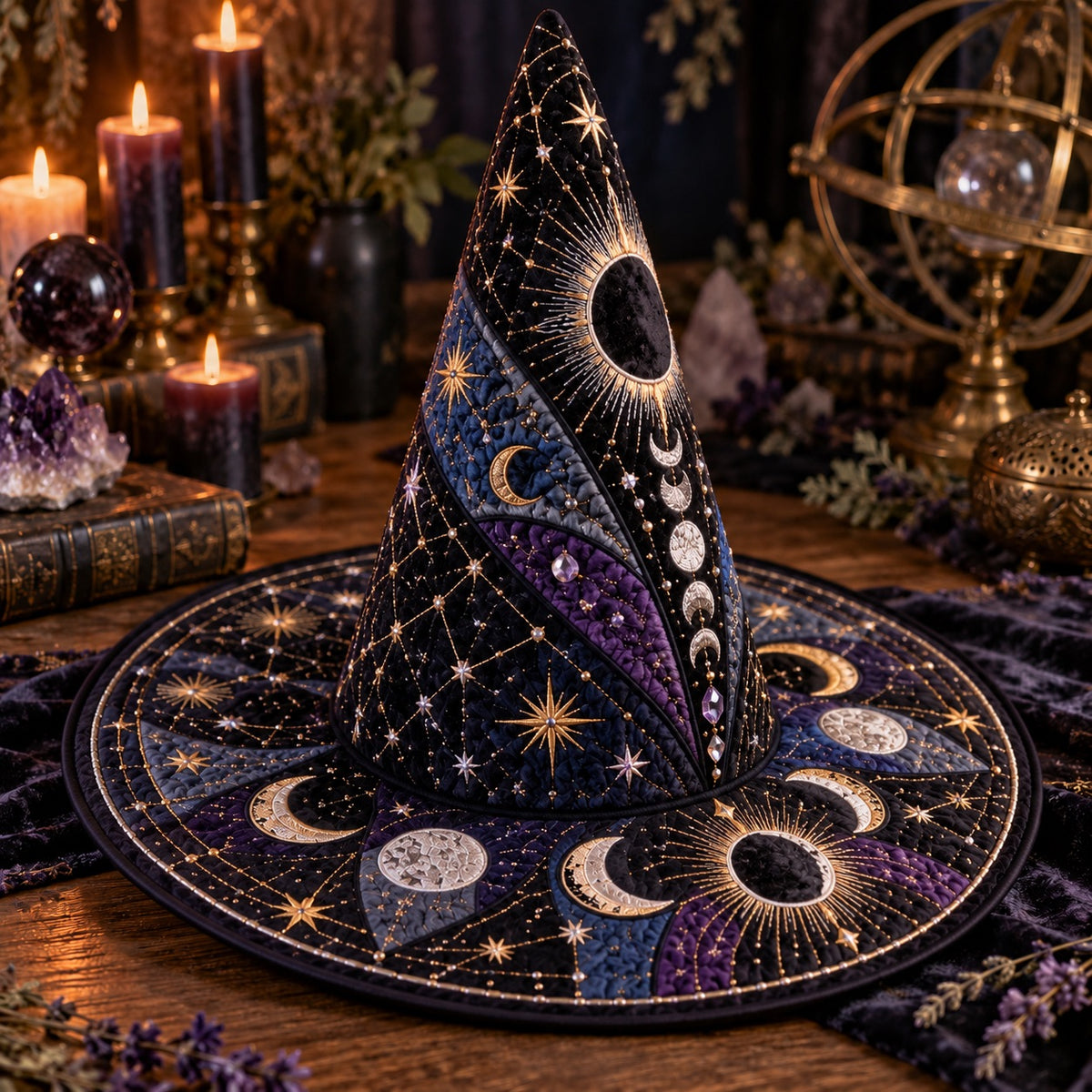 Dark Moon Quilted Witch Hat – Eclipse Moon Phase Occult Wide Brim Hat – styled with candles and crystals