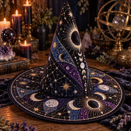 Dark Moon Quilted Witch Hat – Eclipse Moon Phase Occult Wide Brim Hat – styled with candles and crystals