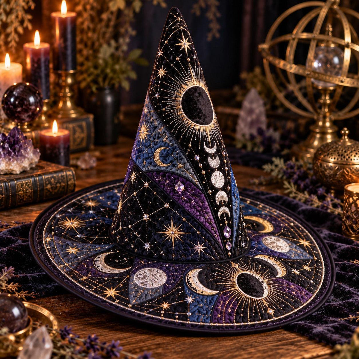 Dark Moon Quilted Witch Hat – Eclipse Moon Phase Occult Wide Brim Hat – styled with candles and crystals