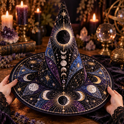 Dark Moon Quilted Witch Hat – Eclipse Moon Phase Occult Wide Brim Hat – held in both hands