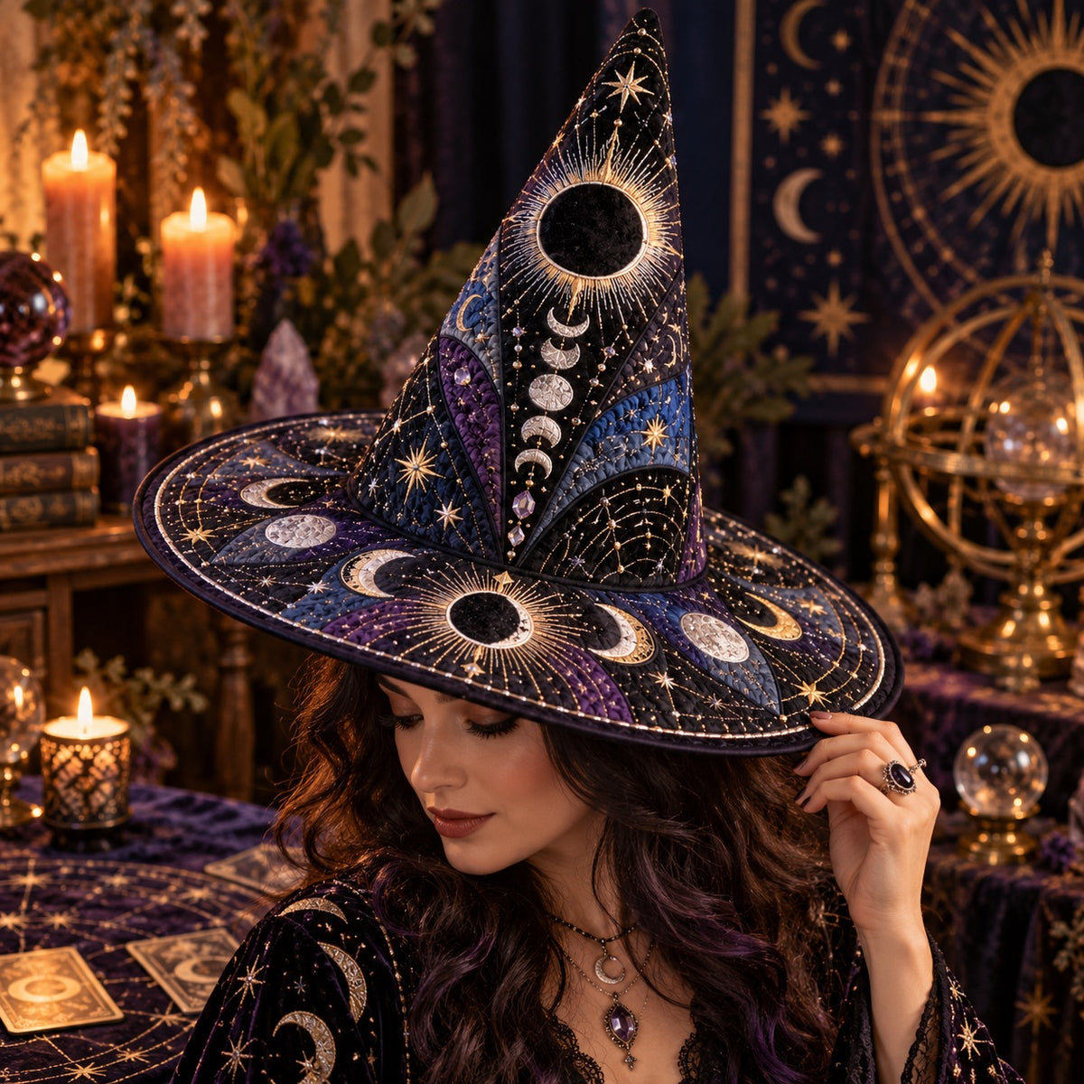 Dark Moon Quilted Witch Hat – Eclipse Moon Phase Occult Wide Brim Hat – worn by a model