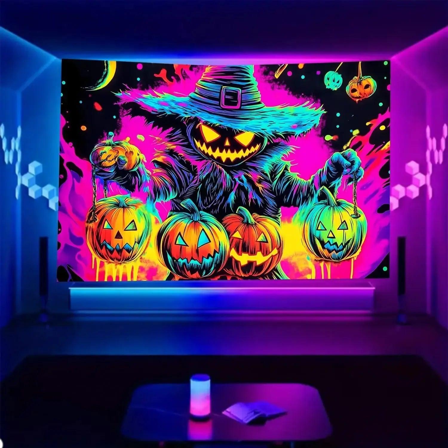 Dark Night Magic Halloween Witch Fluorescent Tapestry Blacklight Tapestry Wizard Tapestry UV Reactive Neon Tapestry-MoonChildWorld
