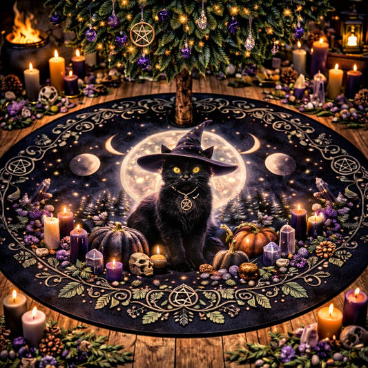 Gothic black velvet tree skirt with a witch hat cat, full moon, pumpkins, candles, and pentacle border.